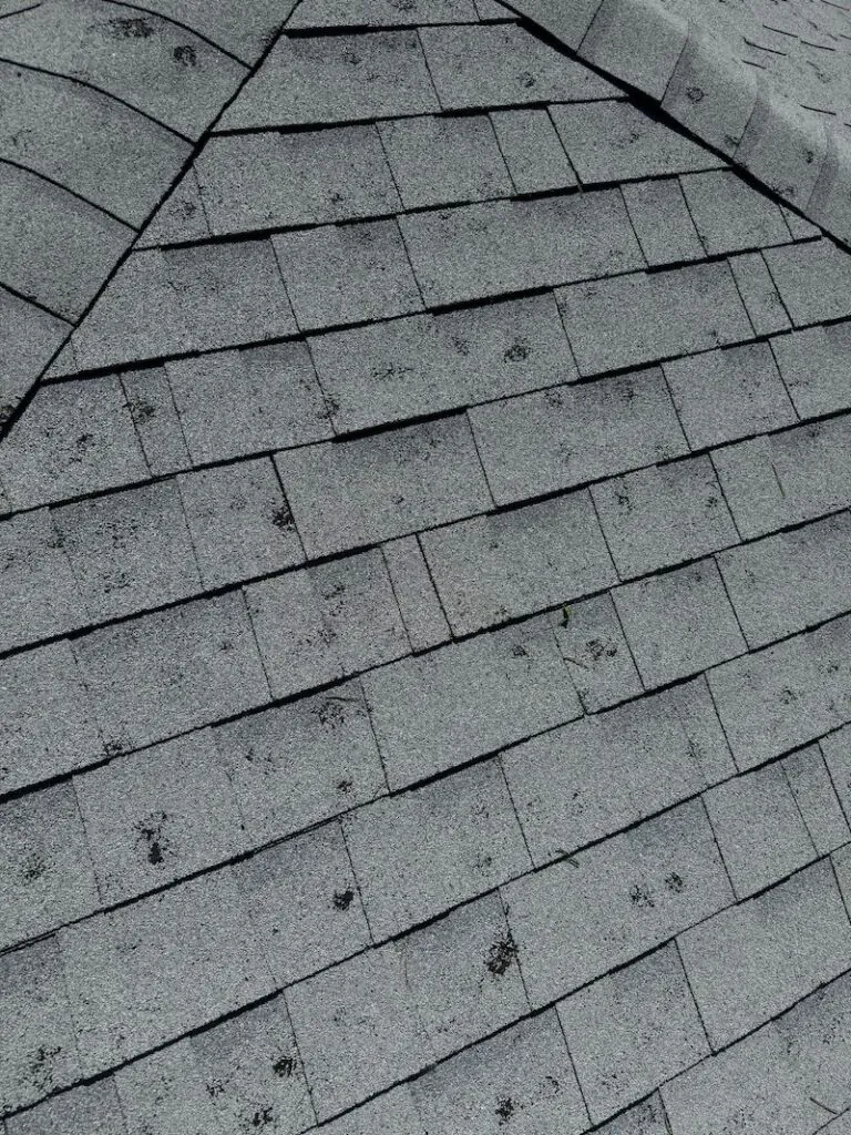 Close-up of asphalt shingles showing bruising and granule loss from hail impact on a DFW roof