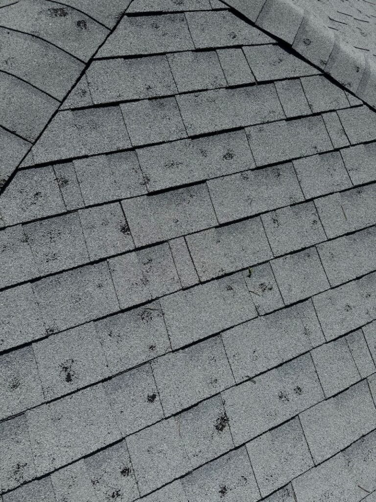 Close-up of asphalt shingles showing bruising and granule loss from hail impact on a DFW roof
